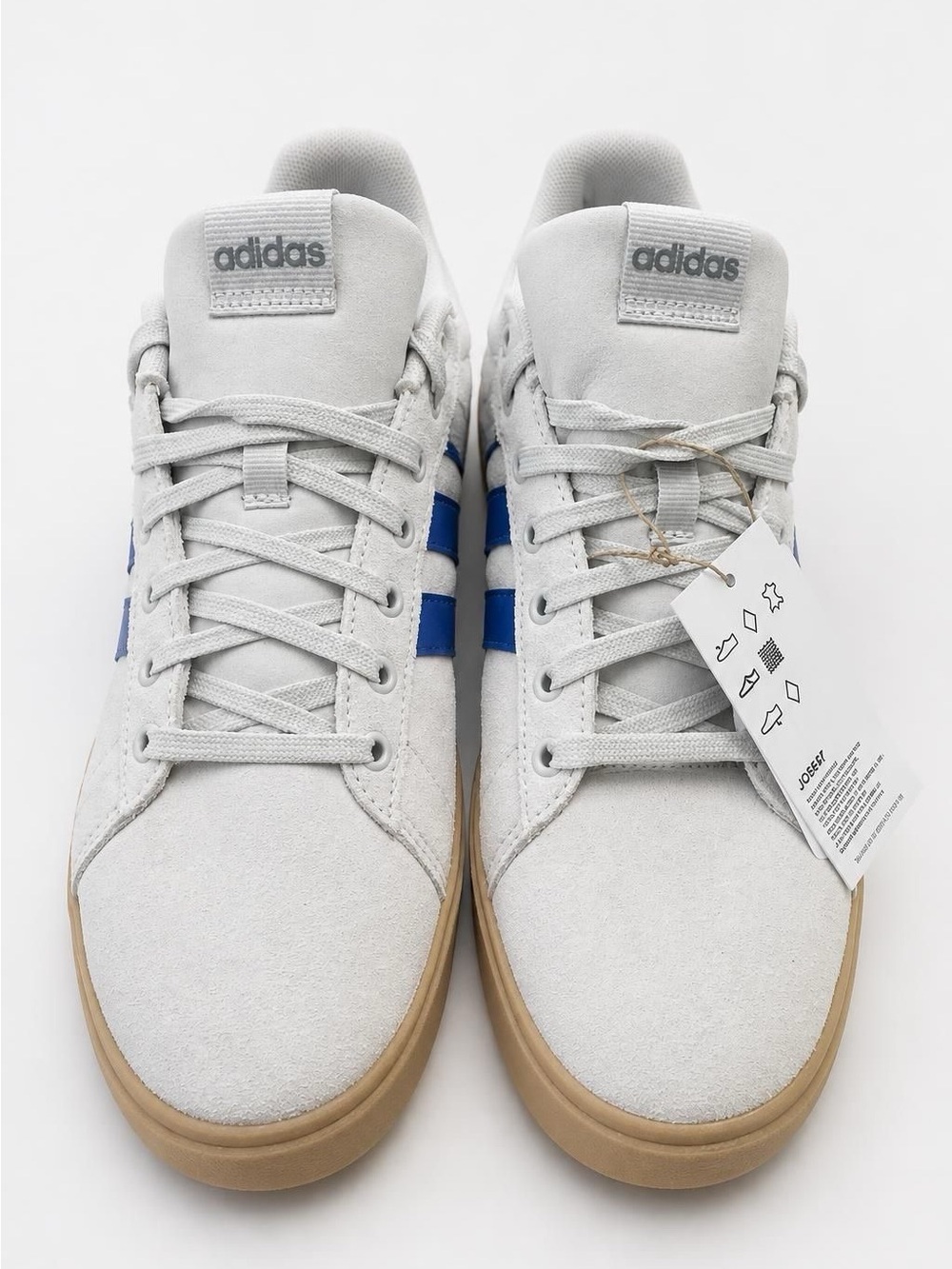 adidas Men’s Light Gray Suede Sneakers with Blue Stripes and Gum Sole